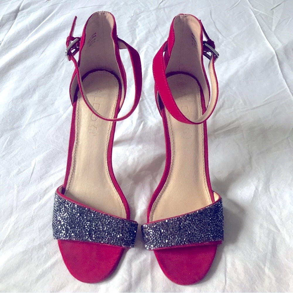 Aldo Red Suede Grey Crystal Accent High Heels Genuine Leather Insoles Size 40 EU